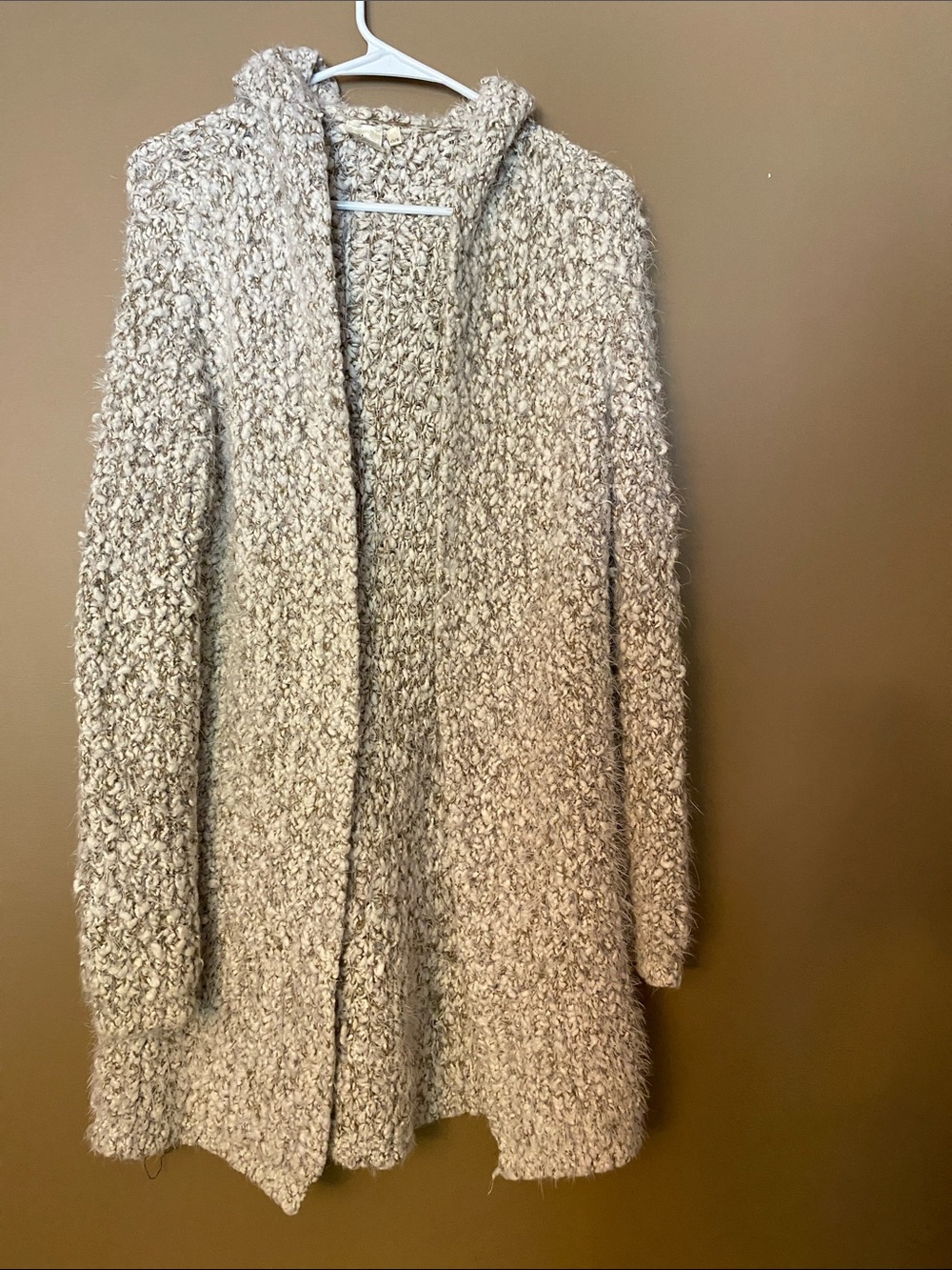 Open-Front Hooded Bouclé Cardigan in Light Beige